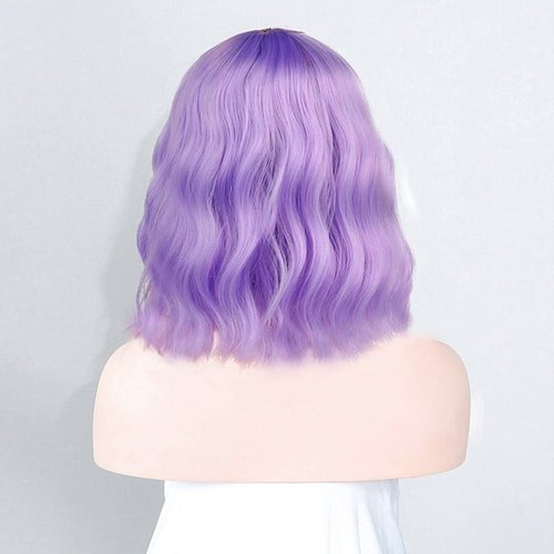 Amyqueen Short Purple Curly Wavy Bob Wigs for Women 12 Inch Shoulder Length Bob Wig with Bangs Synthetic Heat Resistant Fiber Wigs for Daily Party Cosplay Use (Purple)
