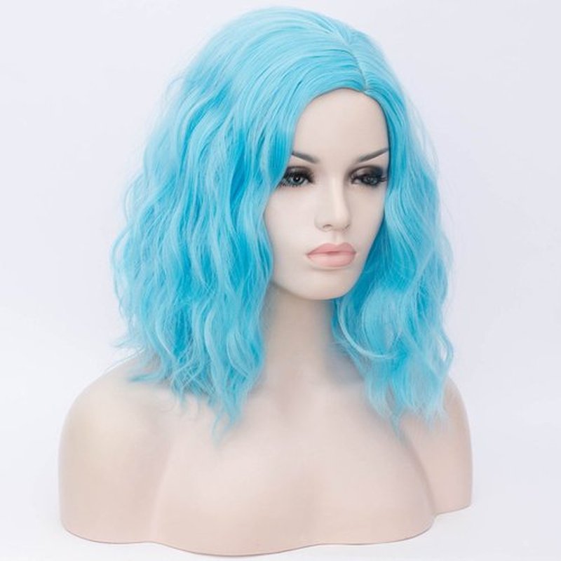 BERON Blue Wigs for Women Short Curly Side Part Wig Girls Shoulder Length Body Wavy Hair Wig Sky Blue Heat Resistant Synthetic Halloween Cosplay Daily Party Wigs