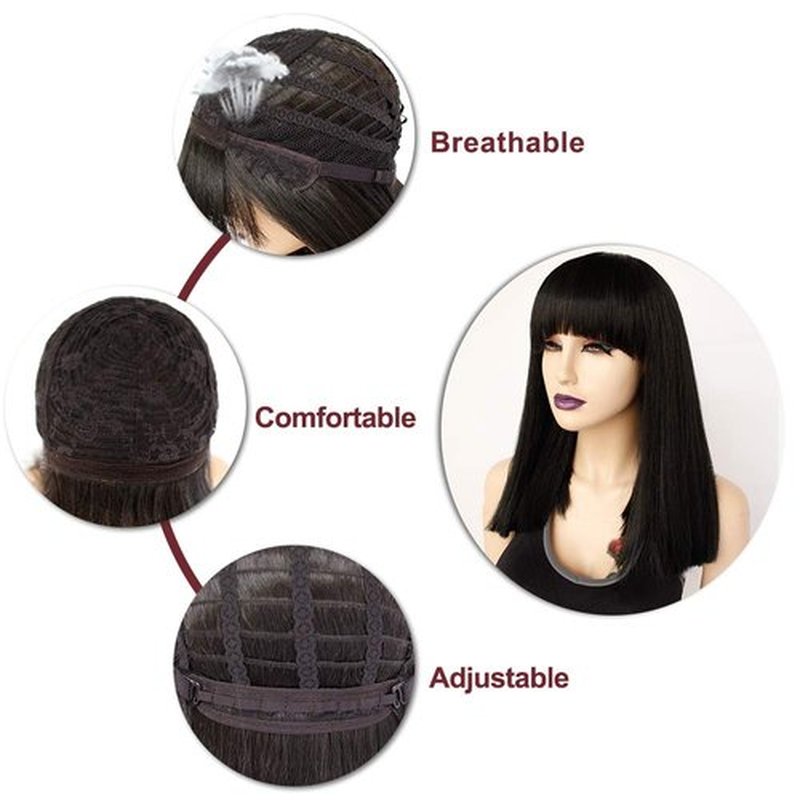 Ebingoo 14 Inches Short Black Bob Wigs with Bangs+Wig Cap Black Bob Wigs for Women Black Shoulder Length Wig Straight Black Wig for Halloween Party Heat Resistant Wig for Daily Wear