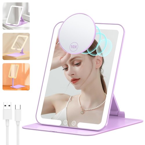 Rechargeable Travel Makeup Mirror with 10X Magnifying Mirror- LED Vanity Mirror with Portable Adjustable Stand/3 Color Dimmable Lights/Smart Sensor Desk Mirror- Travel Essentials for Women-Purple