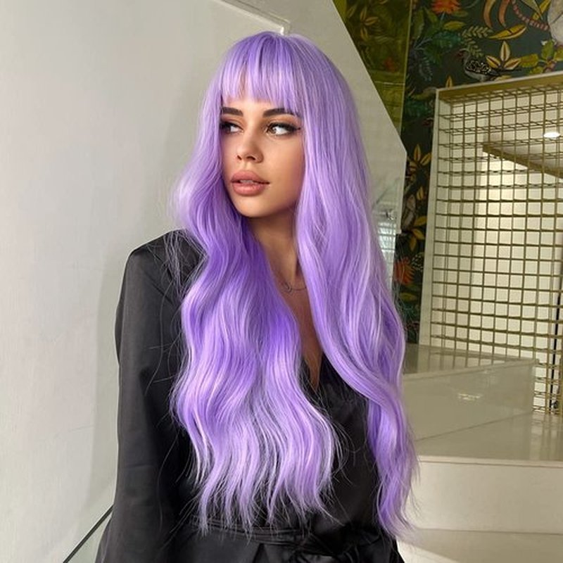 BERON Purple Wig Long Wavy Wig Light Purple Wig with Bangs Lavender Purple Wigs for Women Daily and Party Wig Cap Include