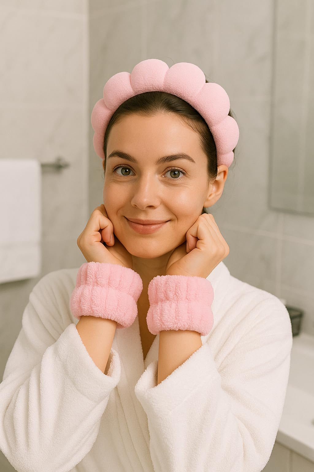 Shimmer Anna Shine 5-Piece Spa Gift Set – Pink Facial Headband, Hair Clip & Wristbands, One-Size Skincare Accessories for Makeup, Face Washing & Self-Care