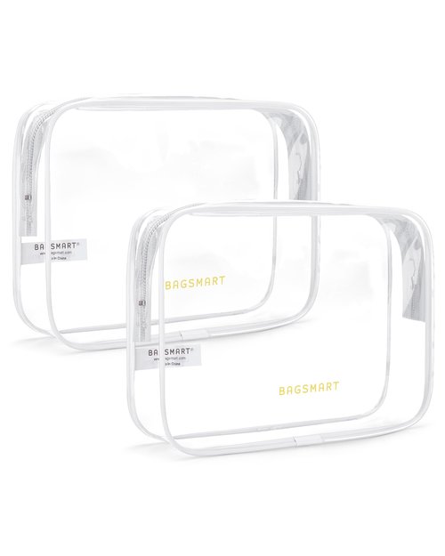 BAGSMART Clear Toiletry Bag, 2 Pack TSA Approved Travel Toiletry Bag Carry on Travel Accessories Bag Airport Airline Quart Size Bags Water Repellent Makeup Cosmetic Bag for Women (White-2pcs)