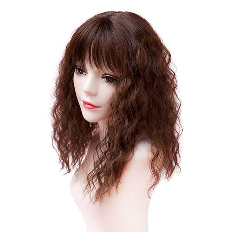 RemeeHi Clip on Curly Wavy Synthetic Top Wiglet Hairpieces for Thinning Loss Hair， Topper Hairpieces with Bangs for Women Light Brown 18 inch(Thin)