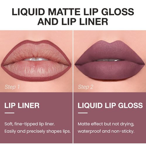 JUAAZIN 2pcs Pale Carmine Matte Lip Liner and Lipstick Makeup Set, Vegan Lipstick Lip Liner and Gloss Set Lip Stain Long Lasting Waterproof Smudge-Proof Properties Non-stick Cup(Pale Carmine 08#)
