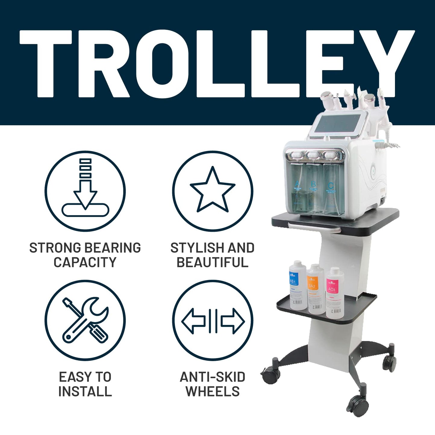 BRÜUN Beauty Trolley Salon Rolling Cart – A White Color Moveable Esthetician Machine Cart with Additional Tray, Wheels, and Stand – Mobile cart of Aluminum Alloy for Spa and Salon