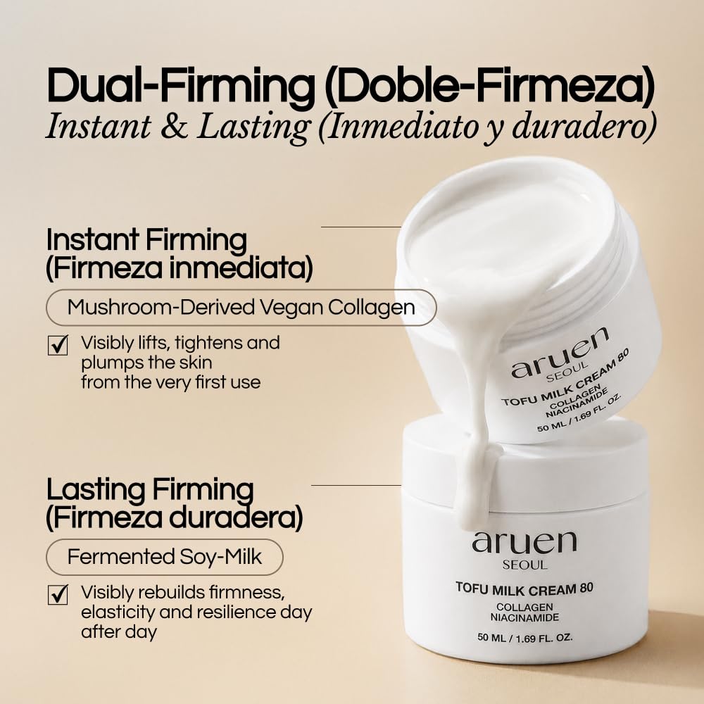 aruen Tofu Collagen Dual-Firming Jelly Cream - 80% Fermented Soy Milk + Bean Essence + Niacinamide - Korean Glass Skin Tightening, Daily Facial Moisturizer (1.69 fl.oz | 50ml)