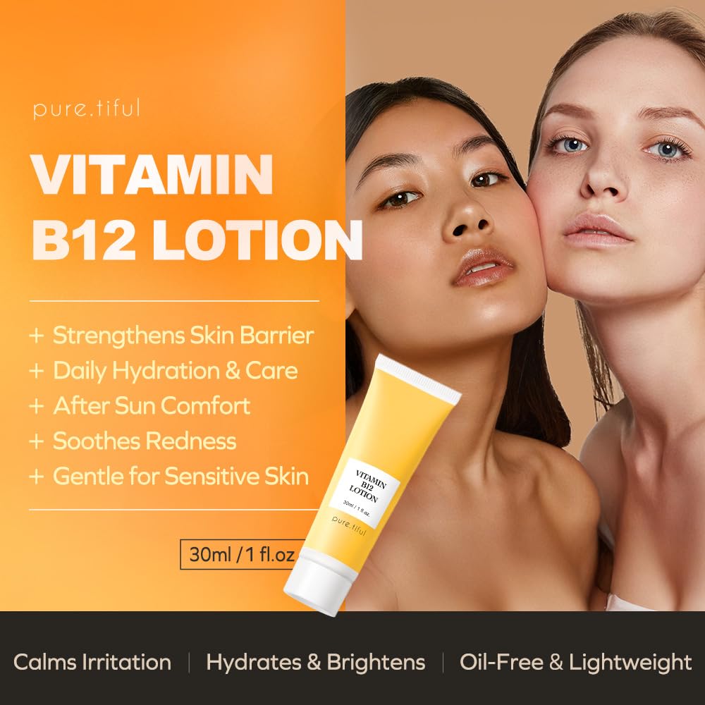 pure.tiful Vitamin B12 Lotion (1 oz) | Repair & Hydrating Cream for All Ages （teen & adult| Soothes Redness, After-Sun Skin Relief, Strengthens Barrier, Sensitive Skin Safe