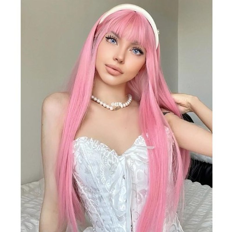 BERON Light Pink Wigs Straight Long Hair Wigs with Bangs Women Fashion Heat Resistant Synthetic Natural Looking Wig for Cosplay Party or Daily Use