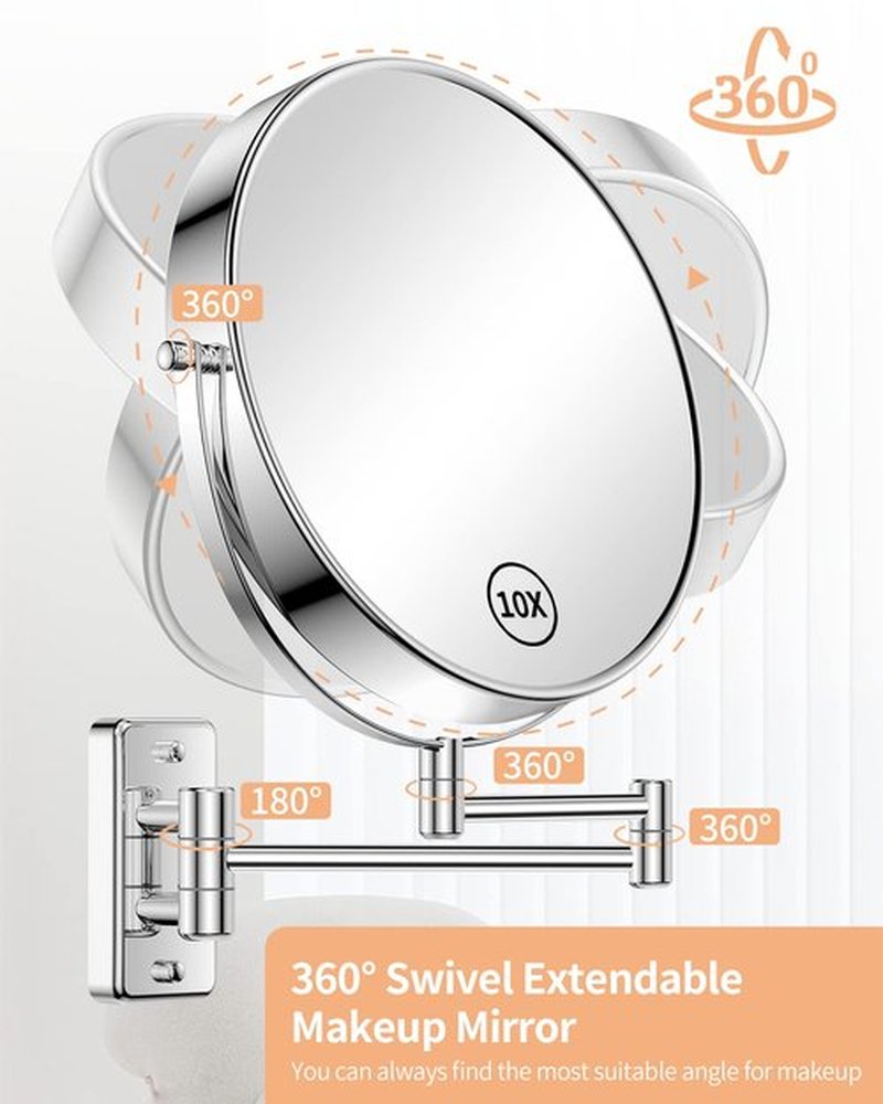 Gospire 9" Large Size Wall Mount Makeup Mirror with 1X/10X Magnification Double-Sided 360° Swivel Vanity Mirror，Chrome Polished Extendable Shaving Bathroom Wall Cosmetic Mirror for Men and Women
