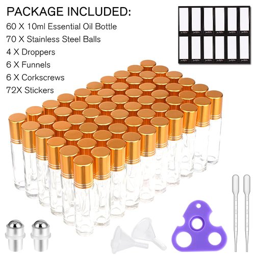 PrettyCare Essential Oil Roller Bottles 10 ml (Clear Glass, 60 Pack, 10 Extra Roller Balls,72 Labels, 4 Opener, 4 Funnels,4 Pipettes Roller Balls For Essential Oils, Roll on Bottles for DIY