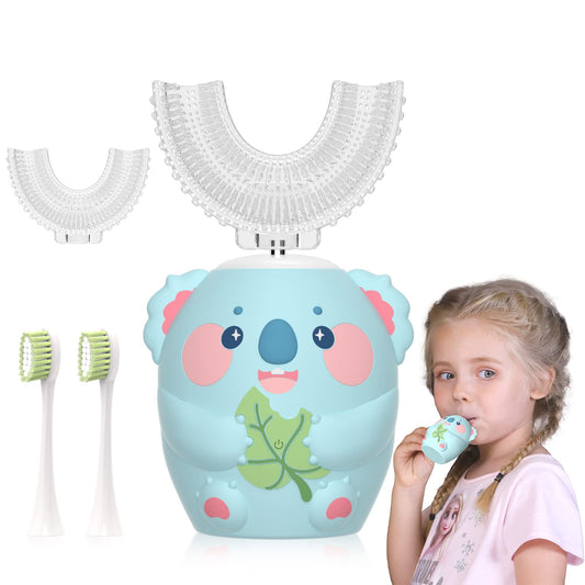 ELOTAME Cartoon Kids U Shaped Electric Toothbrush with 4 Brush Heads,Full Mouth 360-Degree Cleaning Sonic Automatic Toothbrush with IPX7 Waterproof (8-15 Age Blue Koala Without Cup)