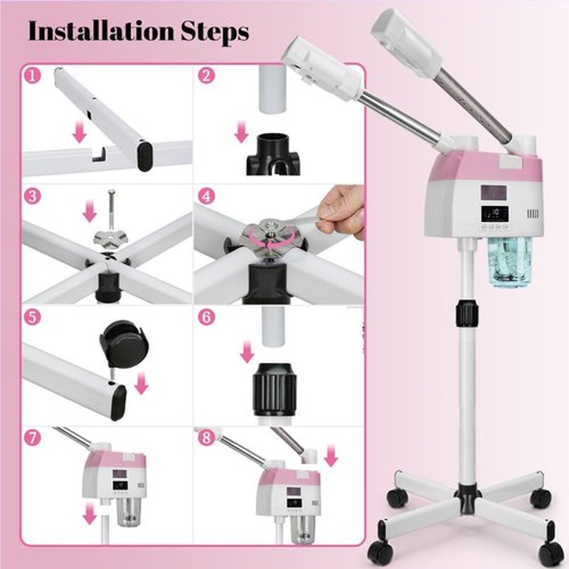 Professional Facial Steamer for Esthetician,2 in 1 Facial Steamer with Hot&Cool Mist, Height Adjustable Face Steamer, Pink Ozone Facial Steamer for Home Salon Spa
