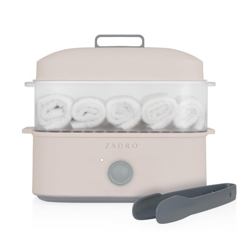 Zadro Towel Steamer with Tongs, 850W Heater, 8L Tray, 1.7L Tank, 30-min Timer for Facials, Manicures, Pedicures, Shaving (13"x12", 120V/850W, 8L, Tan/Gray)