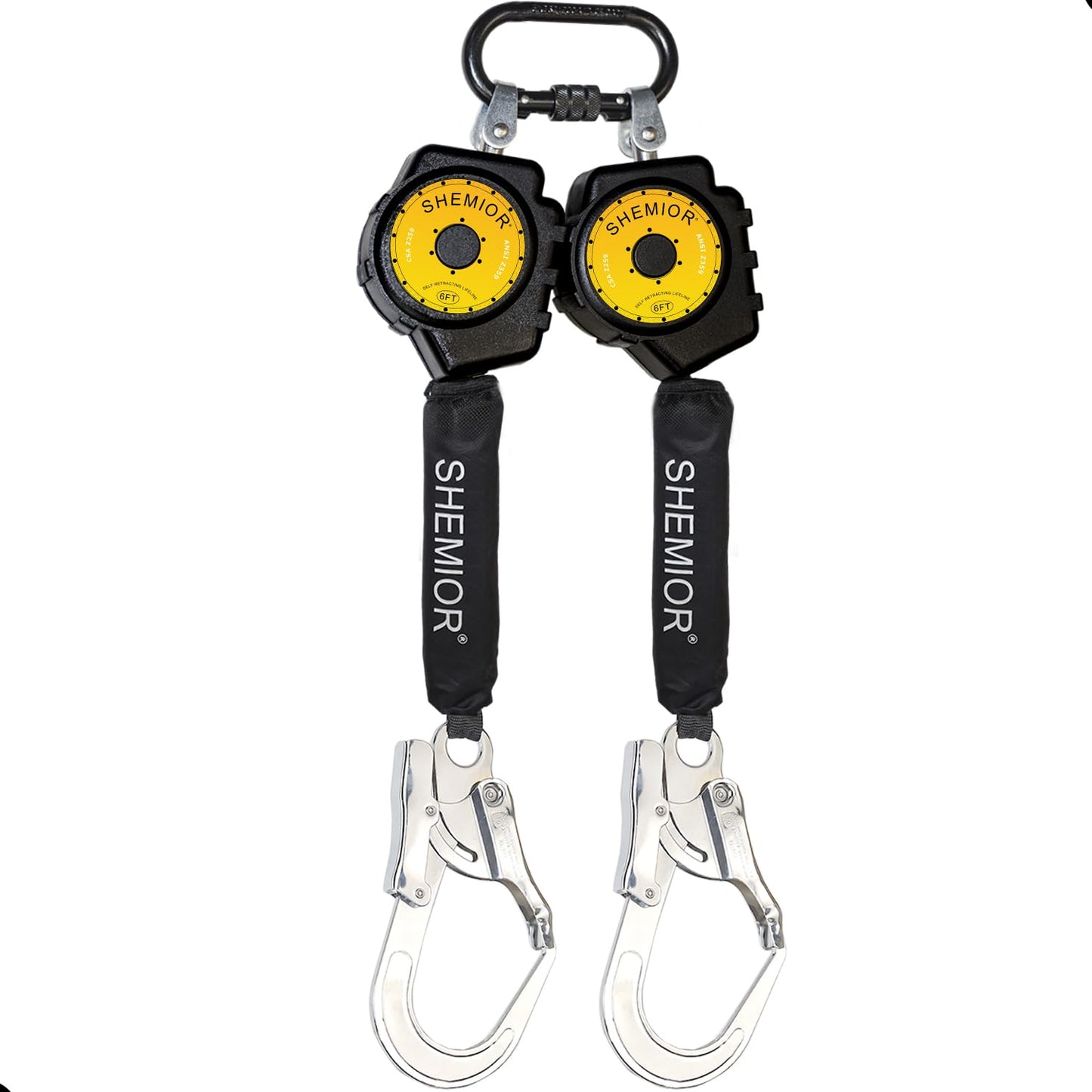 SHEMIOR 6FT Twin-Leg Self Retracting Lifeline, Swivel Top Lightweight Housing, Web SRL ANSI Self Retractable Safety Lanyard, Fall Arrest Protection Gear for Roofing Construction, Rebar Hook