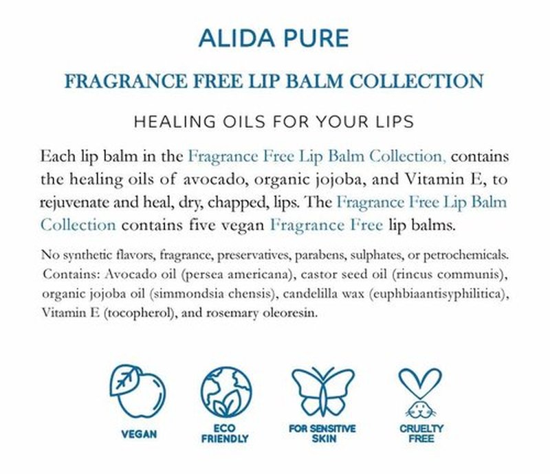 ALIDA PURE Fragrance Free Lip Balm, Vegan Lip Balm Set, Unscented, No Flavor, Beeswax Free, Organic Jojoba Oil, Avocado Oil, Vitamin E, Natural Moisturizer for Dry, Chapped, or Cracked Lips 5 Tube Set