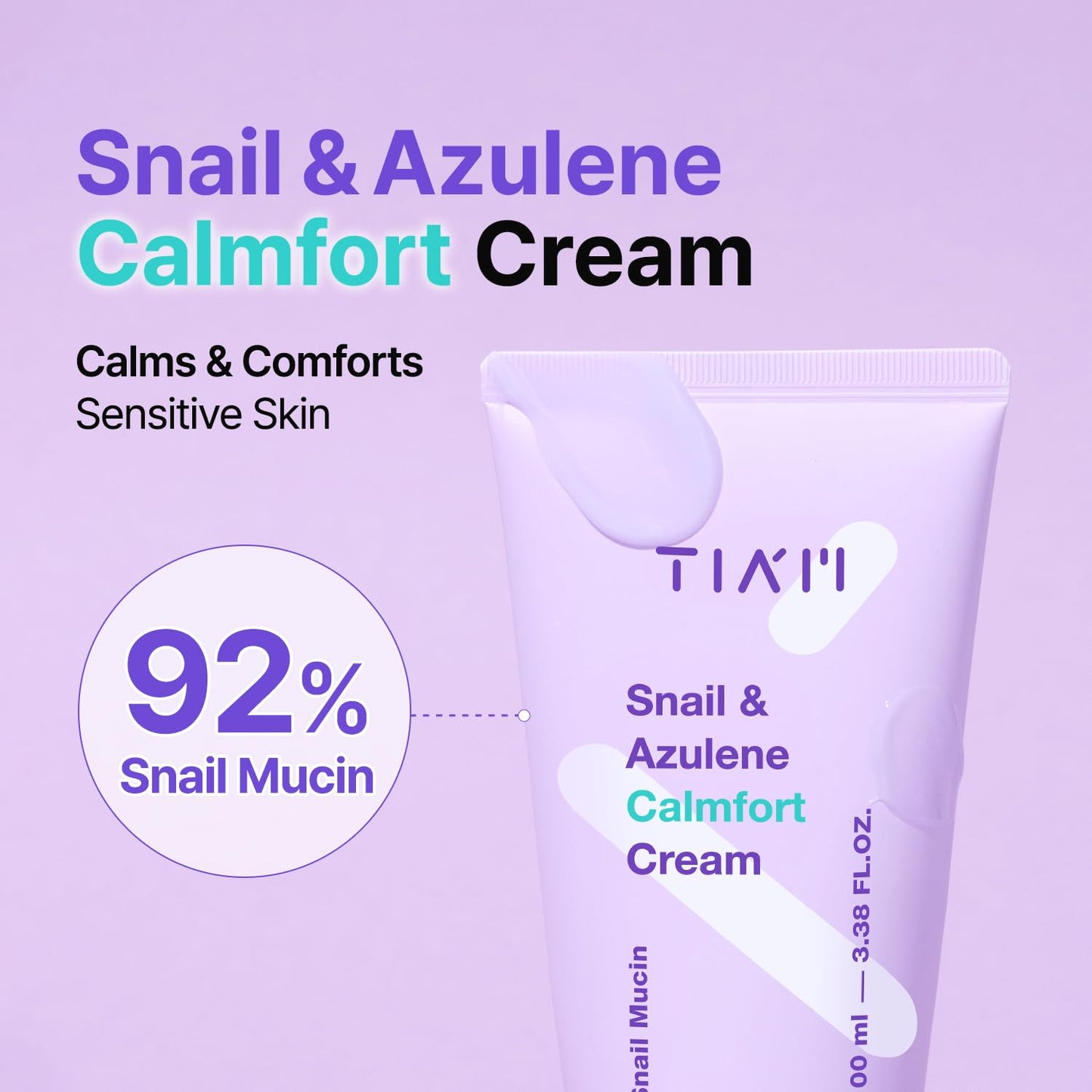 TIA'M TIAM Snail & Azulene Calmfort Cream, 3.38 fl oz, 92% Snail Mucin, Lightweight Calming & Moisturizing Cream for Soft, Glass Skin, Korean Skin Care, Day & Night Moisturizer Face Cream