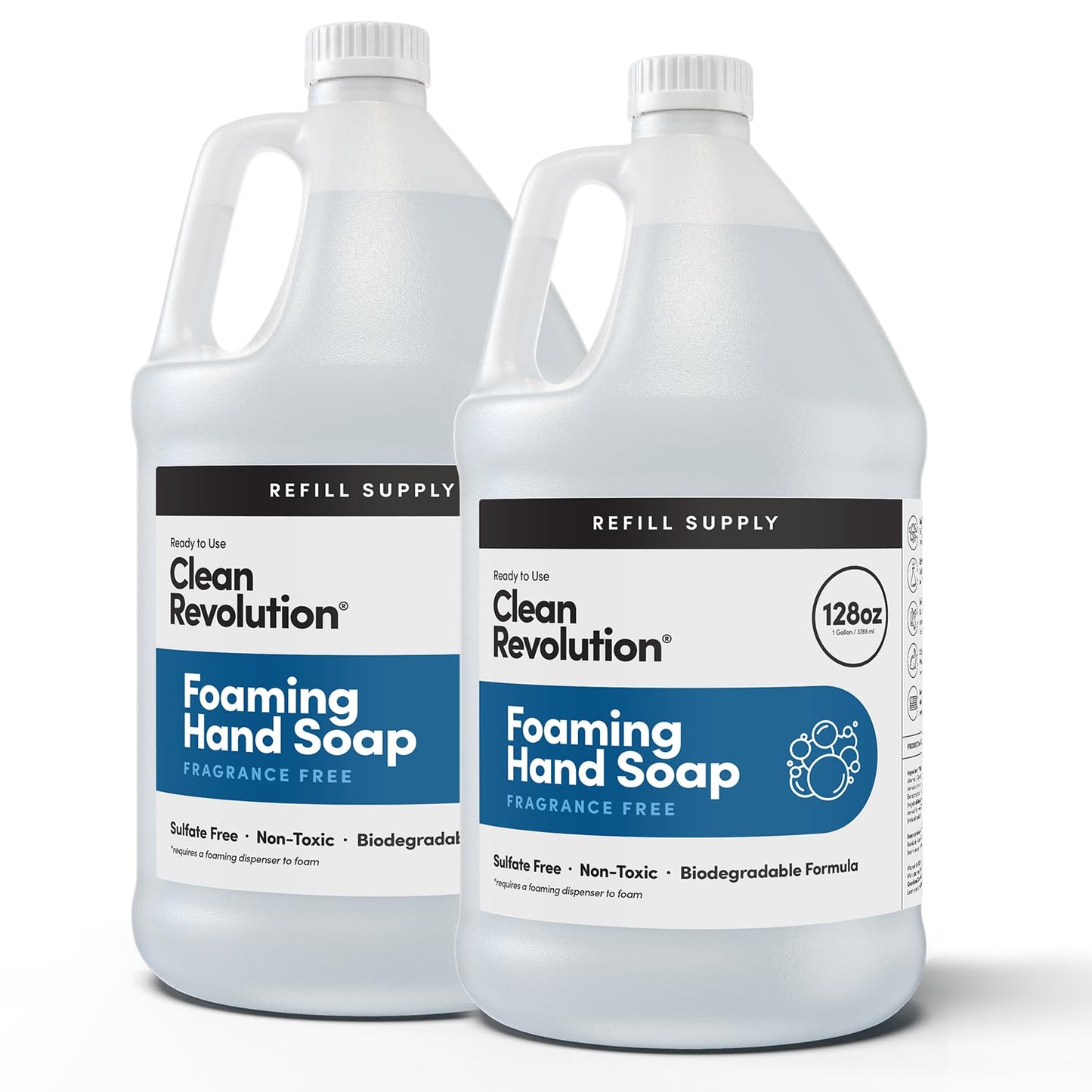 Clean Revolution Fragrance Free Foaming Hand Soap Refill, Moisturizing Sulfate-Free Hand Soap, Ready-to-Use Foam Soap Refill for Kitchen & Bathroom, Unscented, 128 Fl Oz, 2 Pack