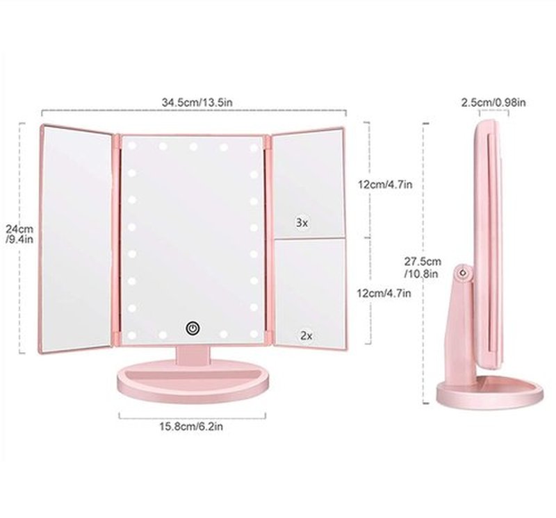 Flymiro Tri-fold Lighted Vanity Makeup Mirror with 3x/2x Magnification,21 LEDs Light and Touch Screen,180 Degree Free Rotation Countertop Cosmetic Mirror,Travel Makeup Mirror(Pink)