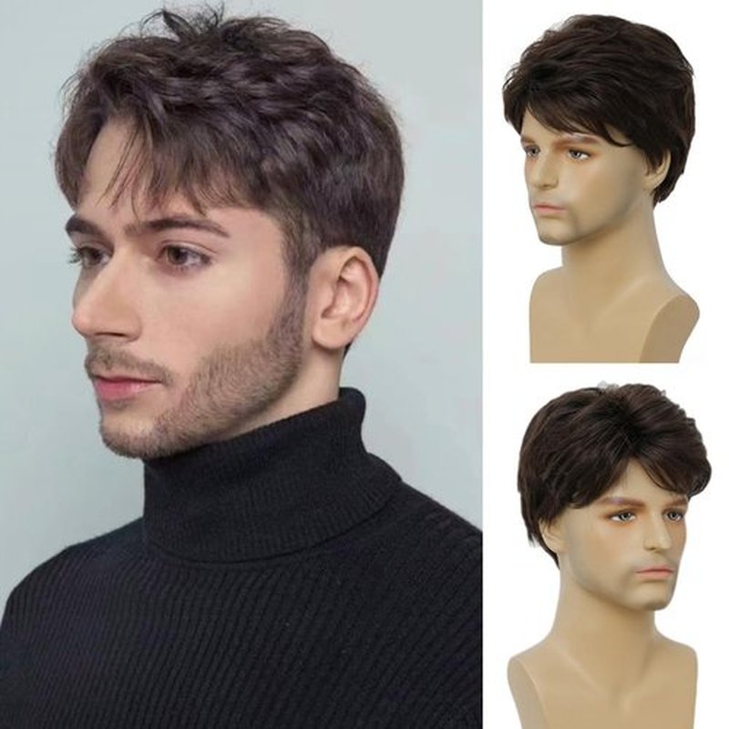 Amnenl Brown Short Wigs for Men Natural Layered Synthetic Hair Wig for Male Guy