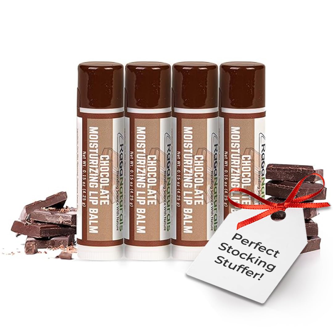 RaGaNaturals Natural Chocolate Lip Balm - Beeswax, Shea Butter, Jojoba Oil, Vitamin E - Smooth, long lasting Hydration, Moisturization for Dry & Cracked Lips - Gift -Handmade in USA (4 Pack)