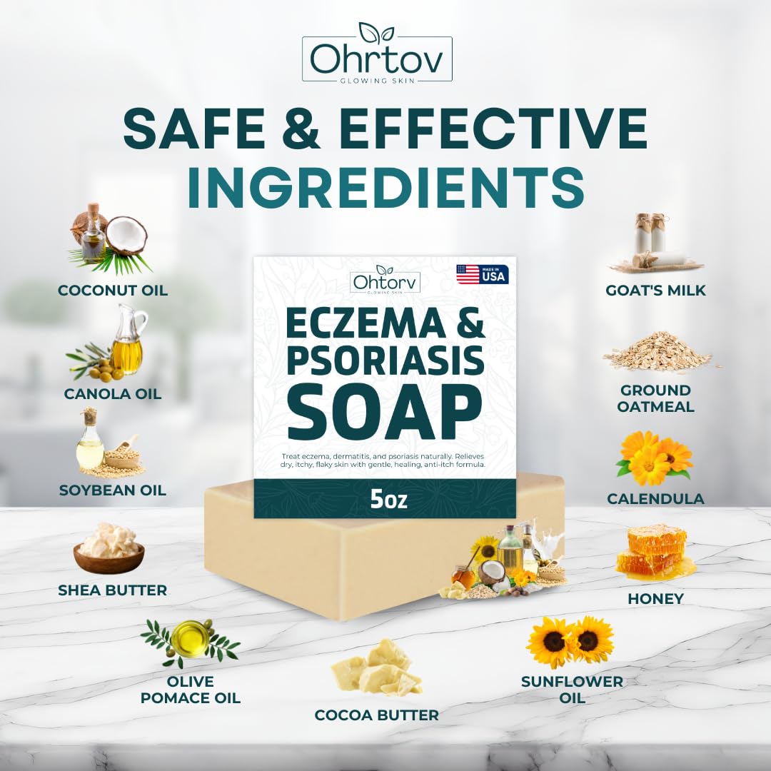 Eczema Soap Bar for Face and Body – All Natural Dermatitis, Psoriasis Treatment for Dry Itchy Sensitive Skin Relief – Gentle Detoxifying, Healing, Anti-Itch, Oatmeal Goat Milk Wash for Kids, & Adults