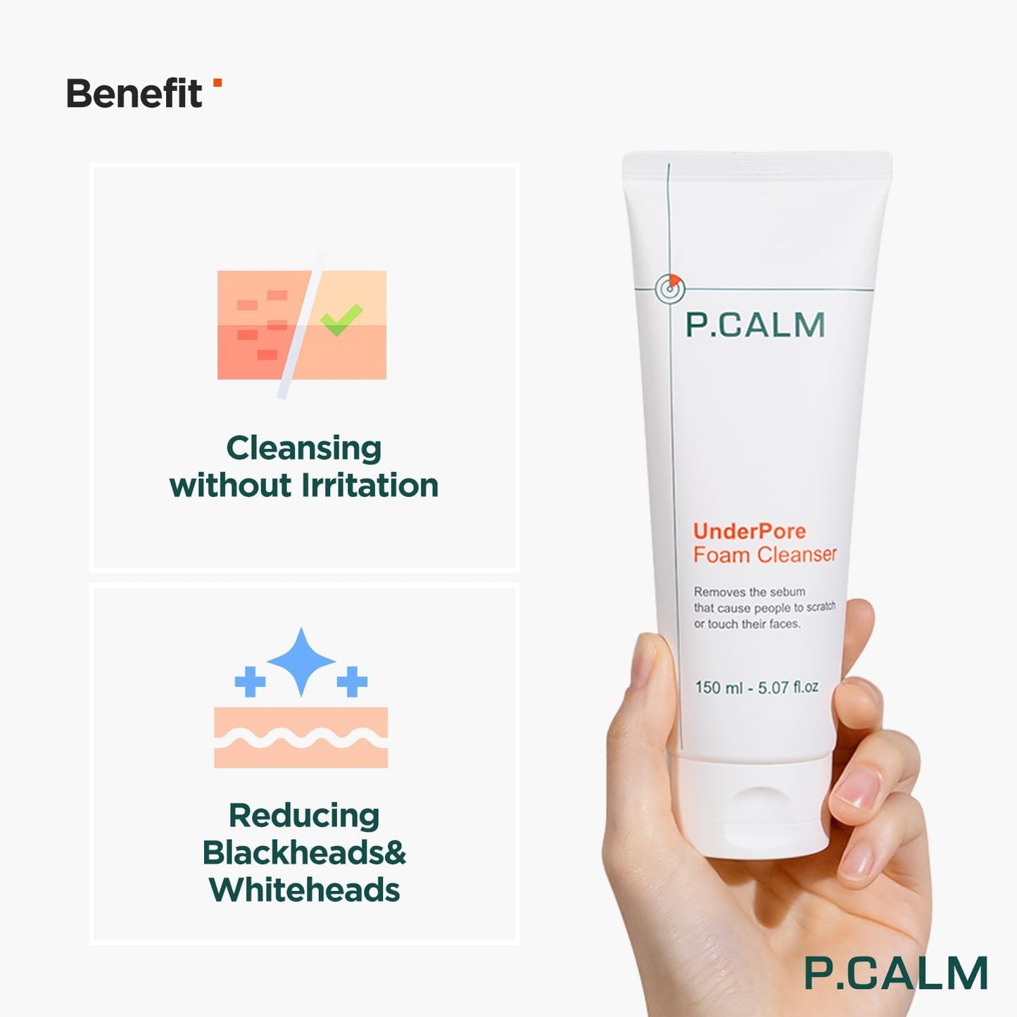 P.CALM Underpore Foam Cleanser – Azulene for Deep Pore Cleansing, Blackhead & Whitehead Removal, Korean Vegan Facial Wash for Sensitive Skin (150ml / 5.07 fl.oz)