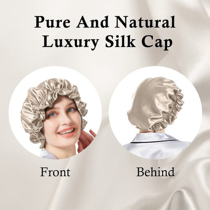 Silk Bonnet for Hair Care, Natural Silk Cap for Sleeping and Shower, Double-Lined, 6A-grade Mulberry Silk Turban Beige