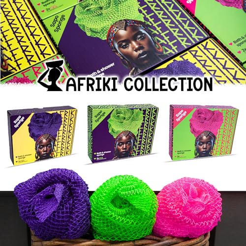 AFRIKI African Net Sponge, African Exfoliating Sponge, Black Owned, Exfoliating Washcloth, Body Exfoliator for Bath and Shower, Back Scrubber, Dead Skin Remover (Black, Grey, 1 Count (Pack of 2))