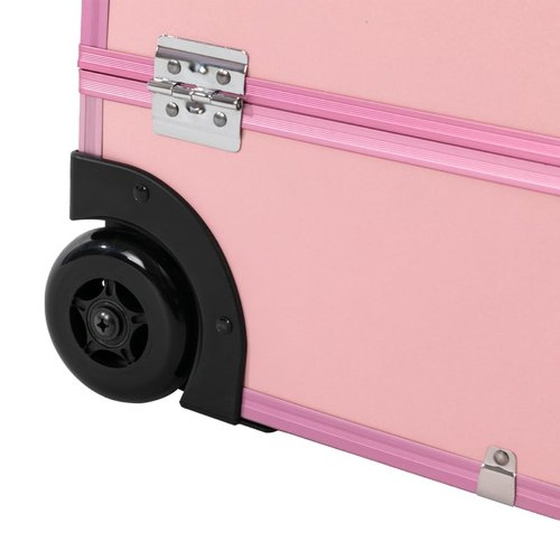 Lockable Makeup Train Case with 6 Trays, Multi-layer Rolling Cosmetic Storage Trolley, Professional Cosmetology Travel Box on Wheels for Nail Tech Salon Hair Stylists, Aluminum Alloy, PU (Pink)