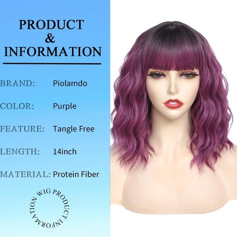 Short Wavy Purple Wig with Bangs 14inch Ombre Purple Wigs for Women Short Curly Bob Wigs Synthetic Natural Looking Hair Replacement Wigs Costume Cosplay Halloween Wig(14'' Purple)