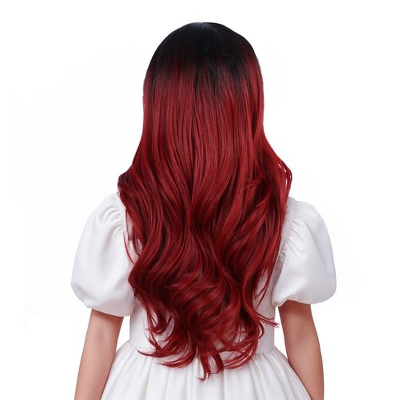 Edivd Black Ombre Red Wig for Kids Long Black Mixed Wine Red Middle Part Wig for Child Long Dark Red Wavy Curly Wig for Girls Heat Resistant Synthetic Wig with Wig Cap