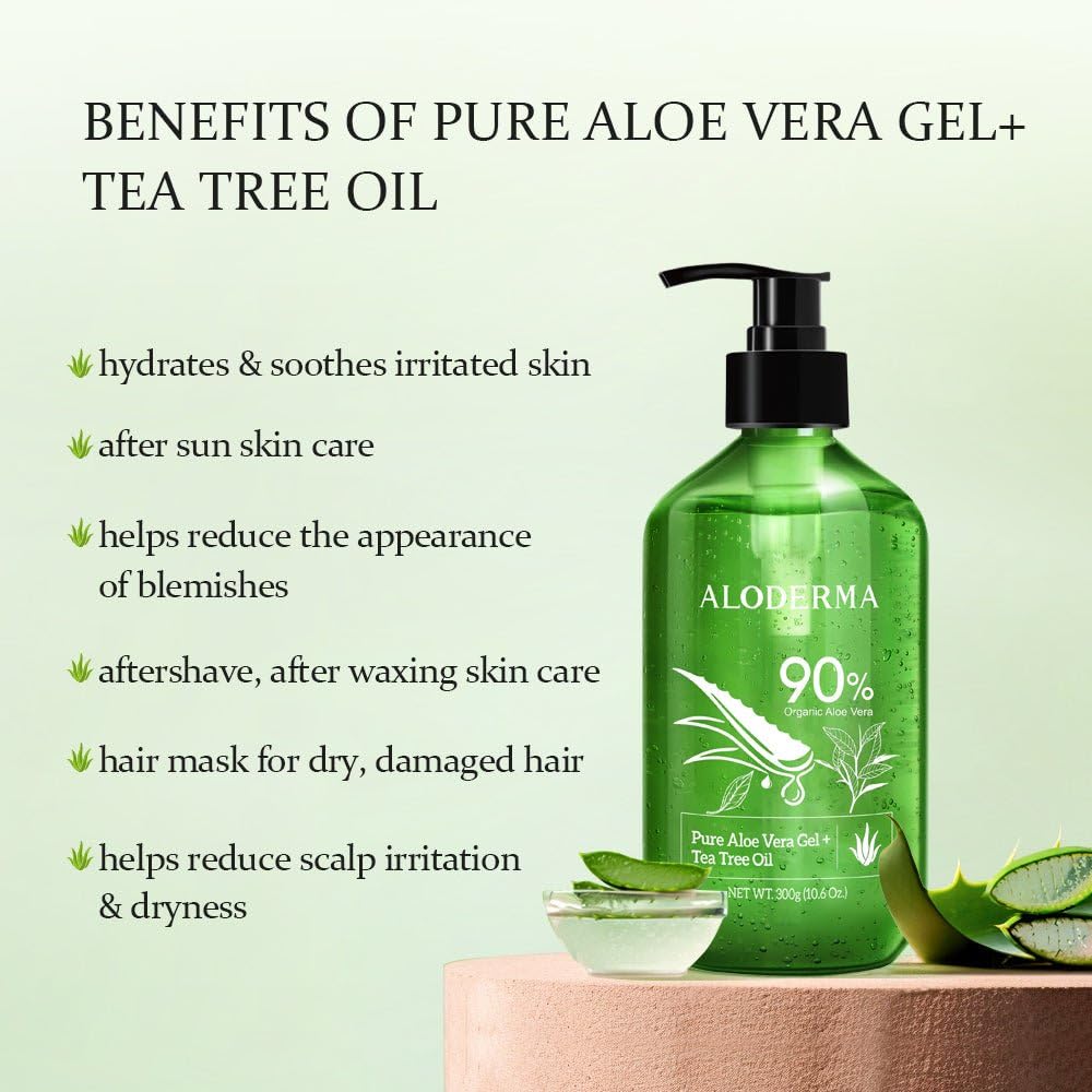 Aloderma Aloe Vera Gel + Tea Tree Oil, Made with Refreshing Organic Aloe for After Sun Skin Care, Multipurpose Use for Hair and Scalp, and Face or as a Shaving Gel or Aftershave - 10.6Oz x 3btls