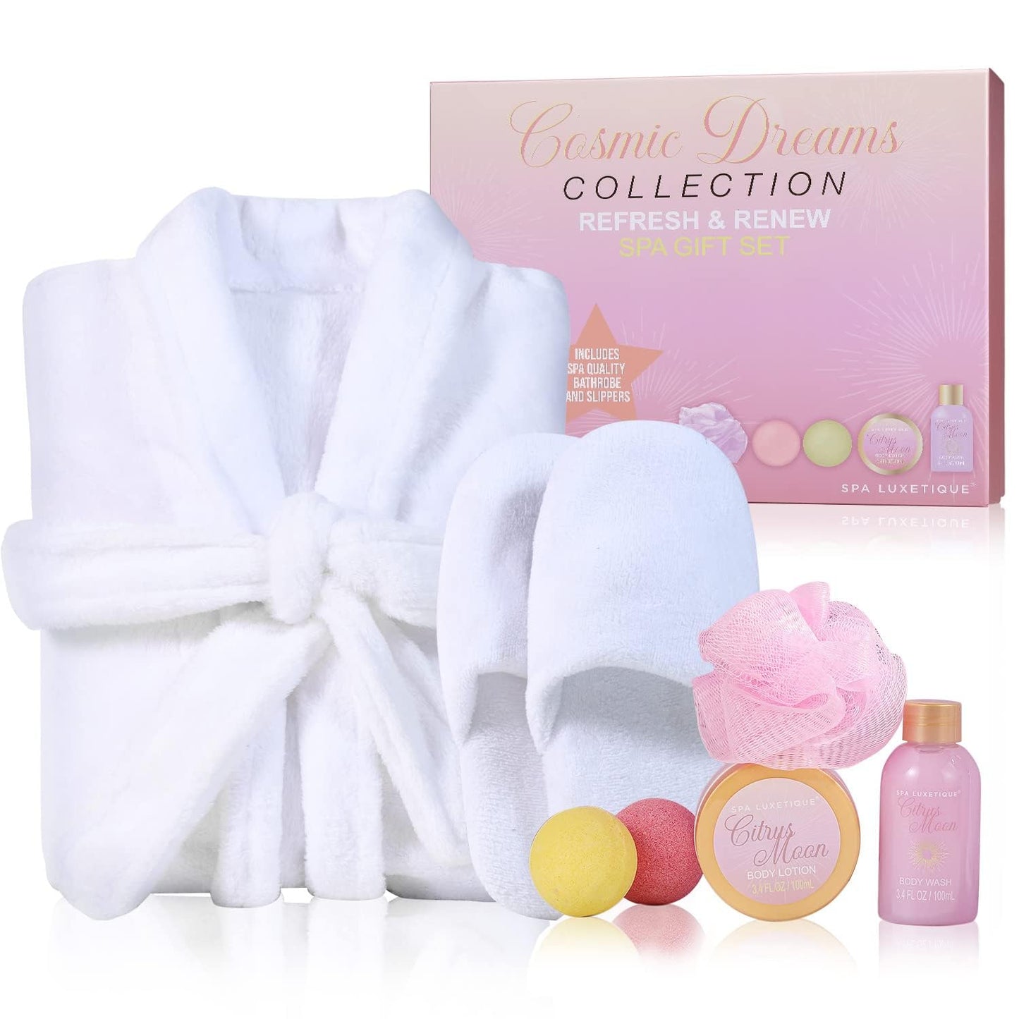 Spa Luxetique Robe and Slippers Set Women, Spa Robe for Women, 7 Pack Spa Gift Sets with Shower Gel, Body Lotion, Christmas Thanksgiven Day Birthday Gift Basket for Women with Robe White