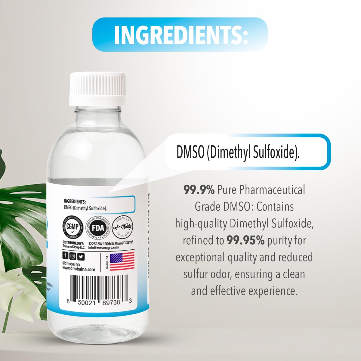 Dr. Robaina DMSO Liquid – 99.9% Pure Pharma Grade Dimethyl Sulfoxide | Soothing Topical Support & Overall Wellness | Low Odor | Made in USA | 8 oz