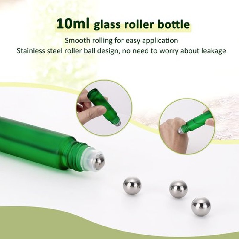 Kesell 10pcs Empty Roll on Glass Bottles, 10ml 1/3 Oz Essential Oil Roller Bottles with Stainless Steel Roller Balls - Green Color