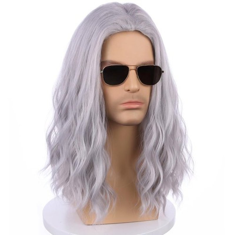 PATTNIUM Men Wig Silver Grey Long Wigs Gray Wavy Cosplay Wig Halloween Curly Hair Party Wig Heat Resistan Synthetic Wig with Wig Cap