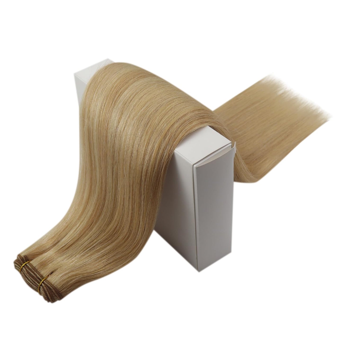 RUNATURE Blonde Weft Hair Extensions Human Hair Straight Remy Hair Weft Extensions Golden Blonde with Platinum Blonde Double Weft Sew in Human Hair Extensions Thick Full Ends 12 Inch 70g
