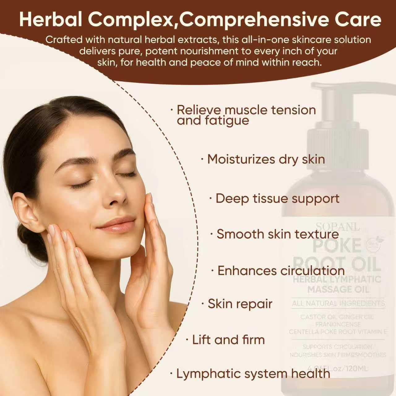 Organic Poke Root Castor Massage Oil – Herbal Body Massage Oil for Circulation Comfort & Skin Firming, Natural Blend with Ginger, Frankincense & Vitamin E, 4.02 fl oz / 120 ml