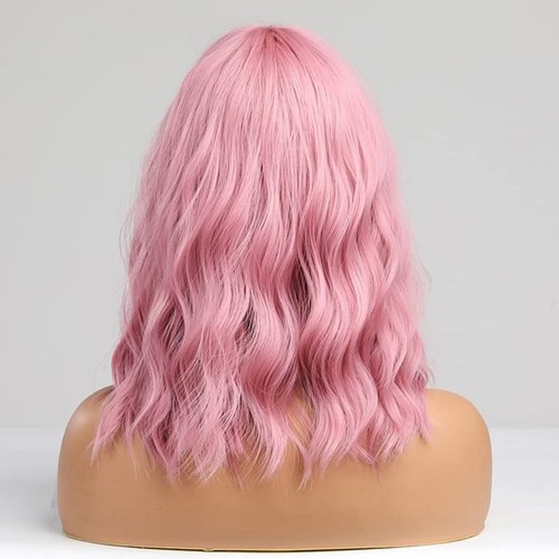 BERON Candy Pink Wig Short Curly Wig Pink Wig with Bangs Women Girl's Charming Wig Candy Pink Wig Synthetic Wig with Wig Cap
