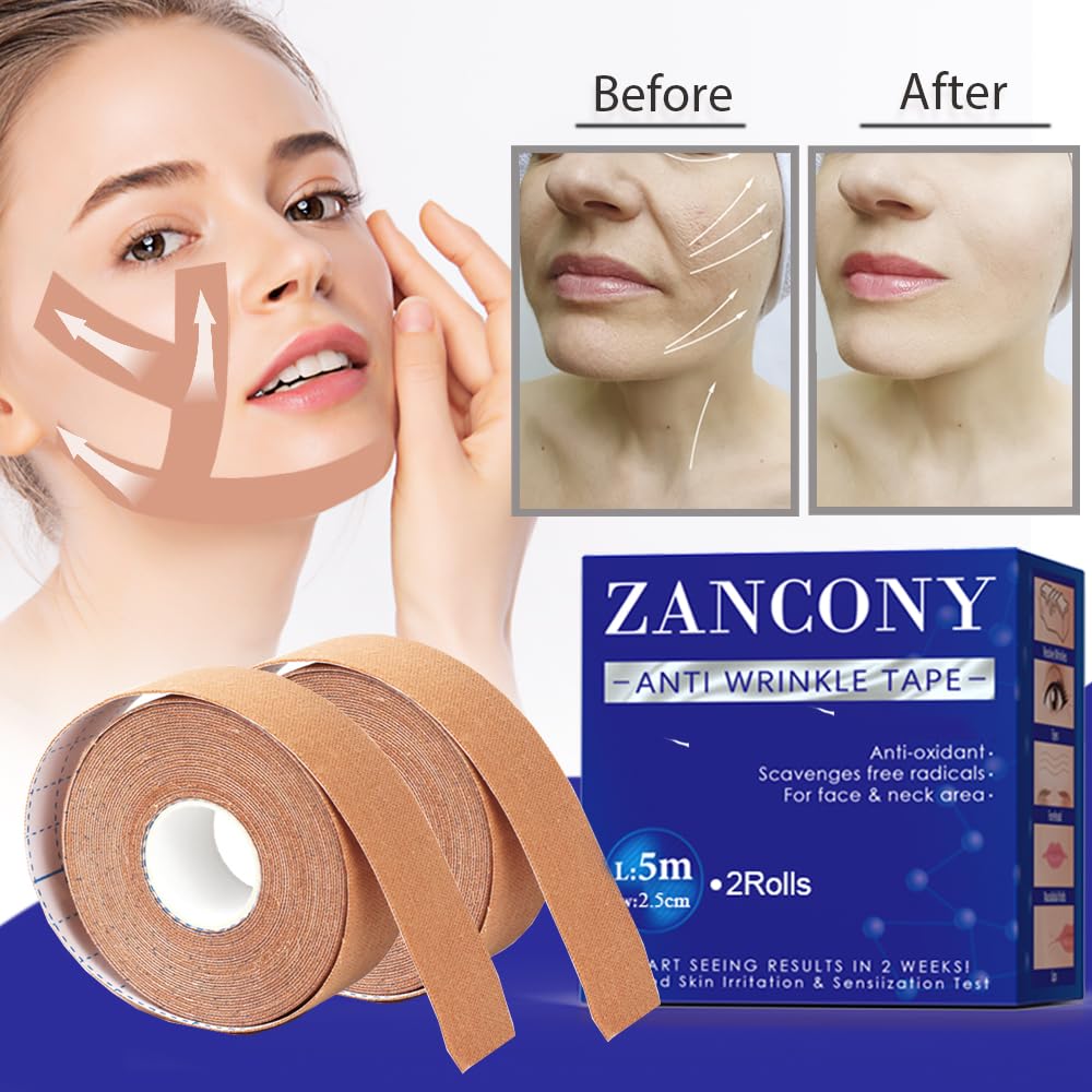 zancony Anti-Wrinkle Tape Facial Myofascial Lift-Smoothes Wrinkles Suits for All Parts of The Face and Neck - Forehead Fines Nasolabial Folds Crow's Feet Necklines etc, 2.5CM*2Rolls