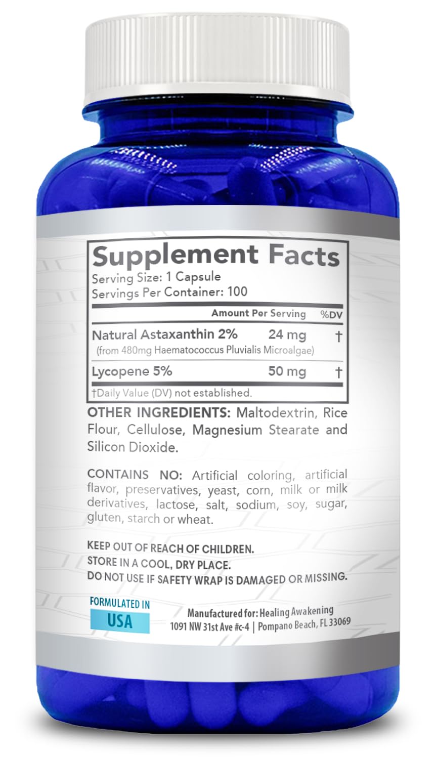Astaxanthin and Lycopene Supplement | Lycopene 50mg Plus Astaxanthin 24mg Carotenoids Supplement for Tanning Skin Care Vision & Heart Health Support | Vegan & Non-GMO (100 Veggie Capsules)