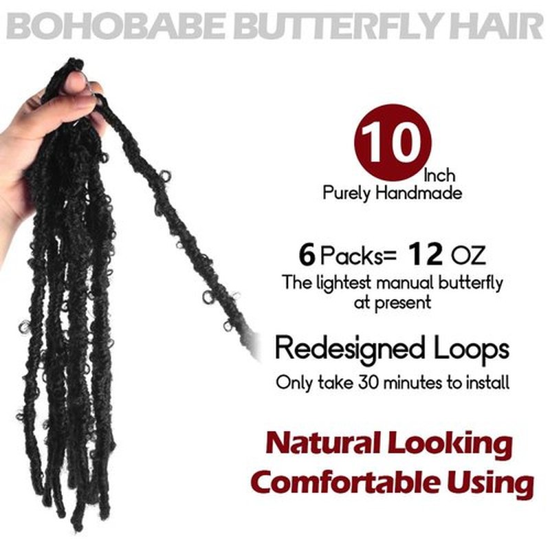 BOHOBABE Butterfly Crochet Locs 10 Inch 6 Packs Pre Looped Crochet Butterfly Locs 10 In Short Natural Black Distressed Butterfly Locs Crochet Hair (10 Inch, 1B)