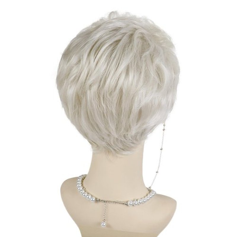 GNIMEGIL Platinum Blonde Short Old Lady Wig Set Synthetic Hair Grandma Wig for 100 Days of School Halloween Costume Granny Mommy Outfits White Women Curly Wig with Glasses, Necklace for Older Women