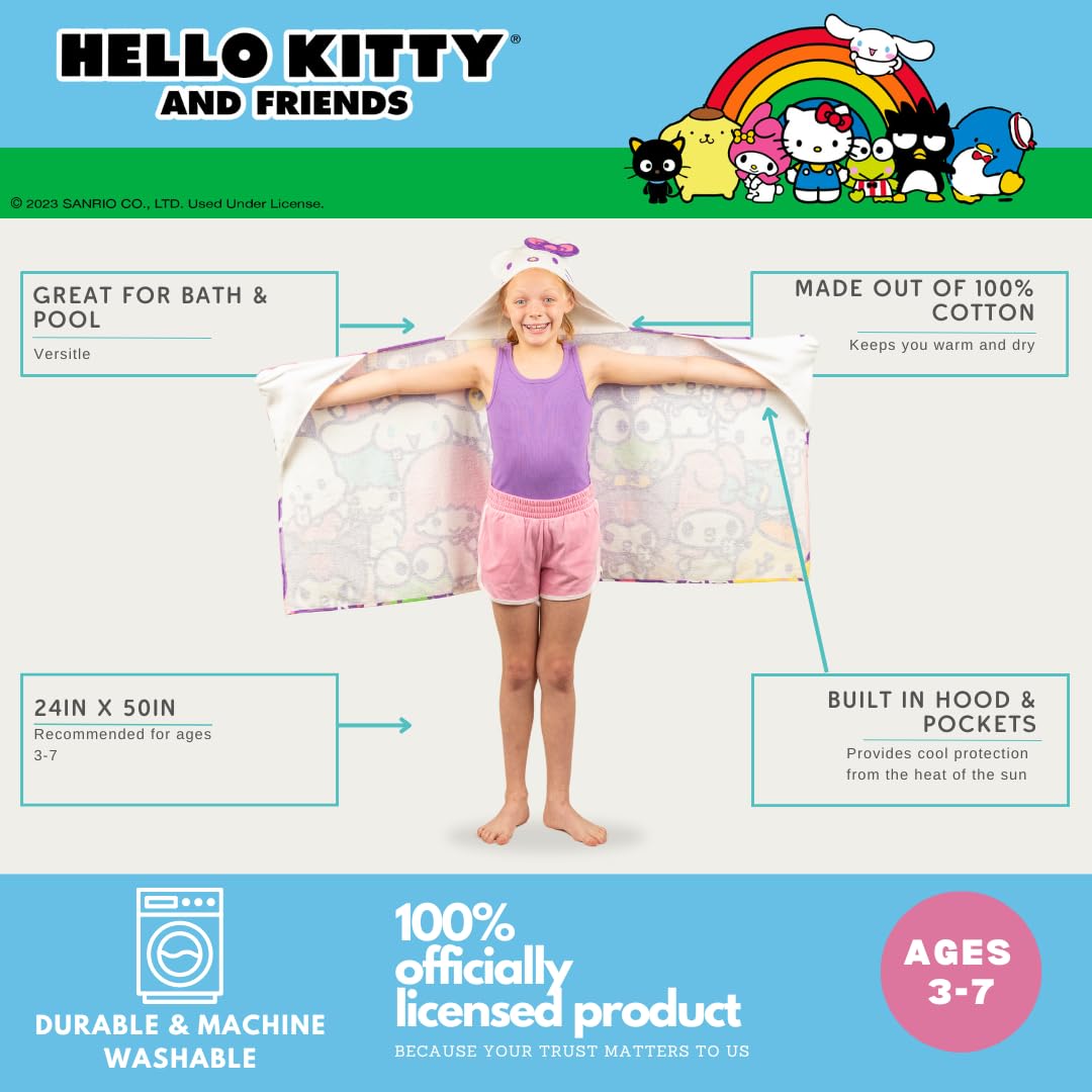 Hello Kitty & Friends Kids Super Soft Bath/Pool/Beach Soft Cotton Terry Hooded Towel Wrap, 24 in x 50 in, (Officially Licensed Product) By Franco