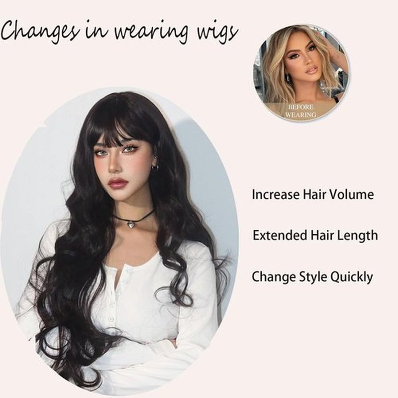 punhurt Black Wig with Bangs 26inch Long Black Wig Wavy Wig for Women Synthetic Wig Curly Natural Black Wigs for White Women Girls Wig with Bangs