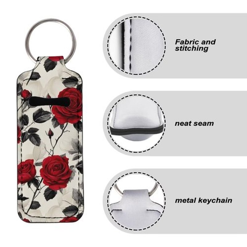 SEANATIVE Red Roses Lipstick Holder Keychain Neoprene Lip Balm Holder Portable Lip Gloss Keychain Pocket Keychain Clip-on Sleeve Chapstick Holder for Women Travel