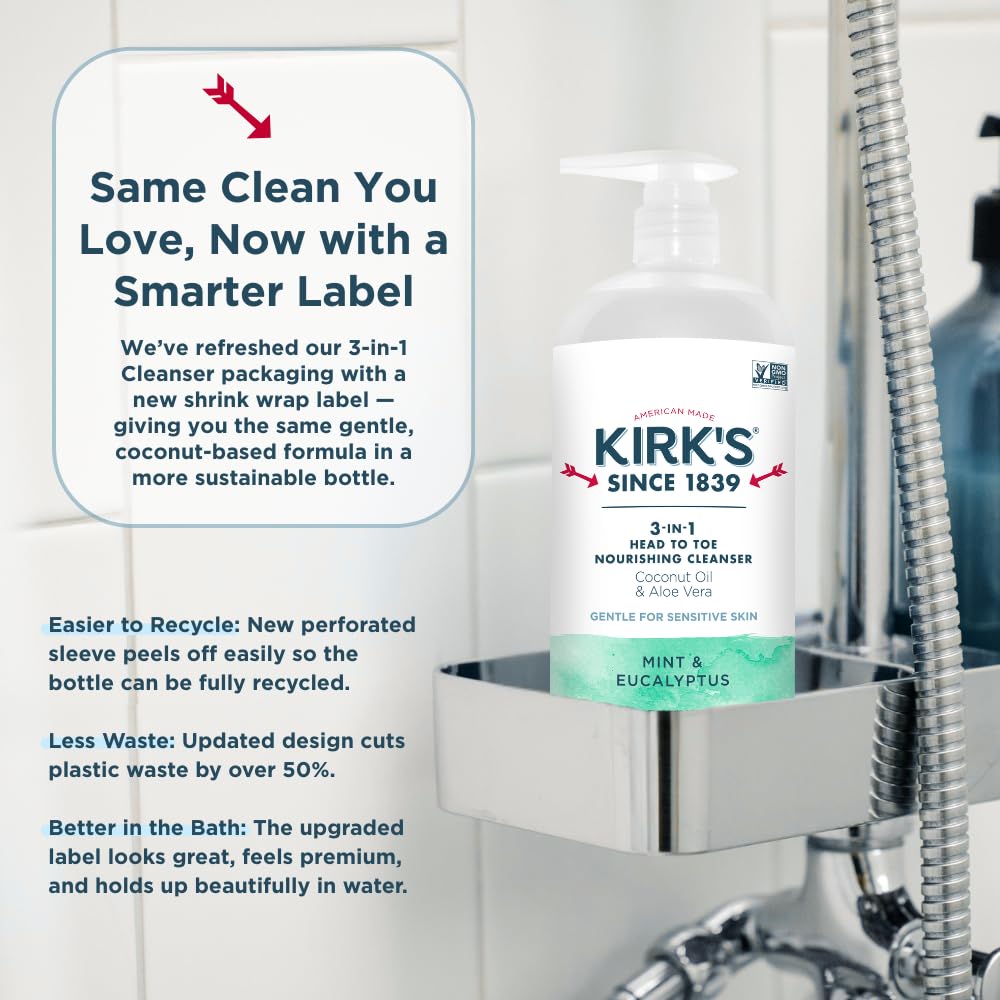 Kirk's Mint and Eucalyptus 3-in-1 Nourishing Cleanser, Shampoo Body Wash Bubble Bath, Coconut Oil and Aloe Vera, Vegan Non-GMO, 32 Fl Oz, Pack of 2