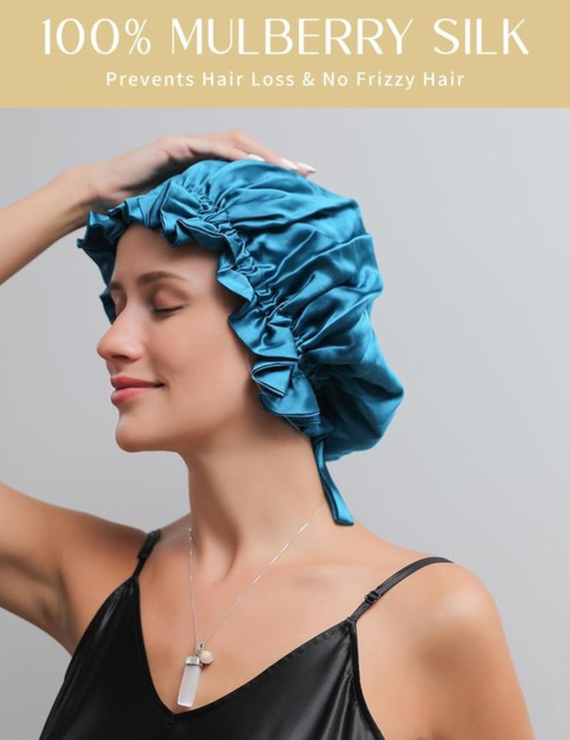 ZIMASILK 100% Mulberry Silk Bonnet for Women Hair Care, Double-Layer Silk, Natural Silk Hair Wrap for Sleeping with Elastic Stay On Head (1Pc, BPeacock Blue)