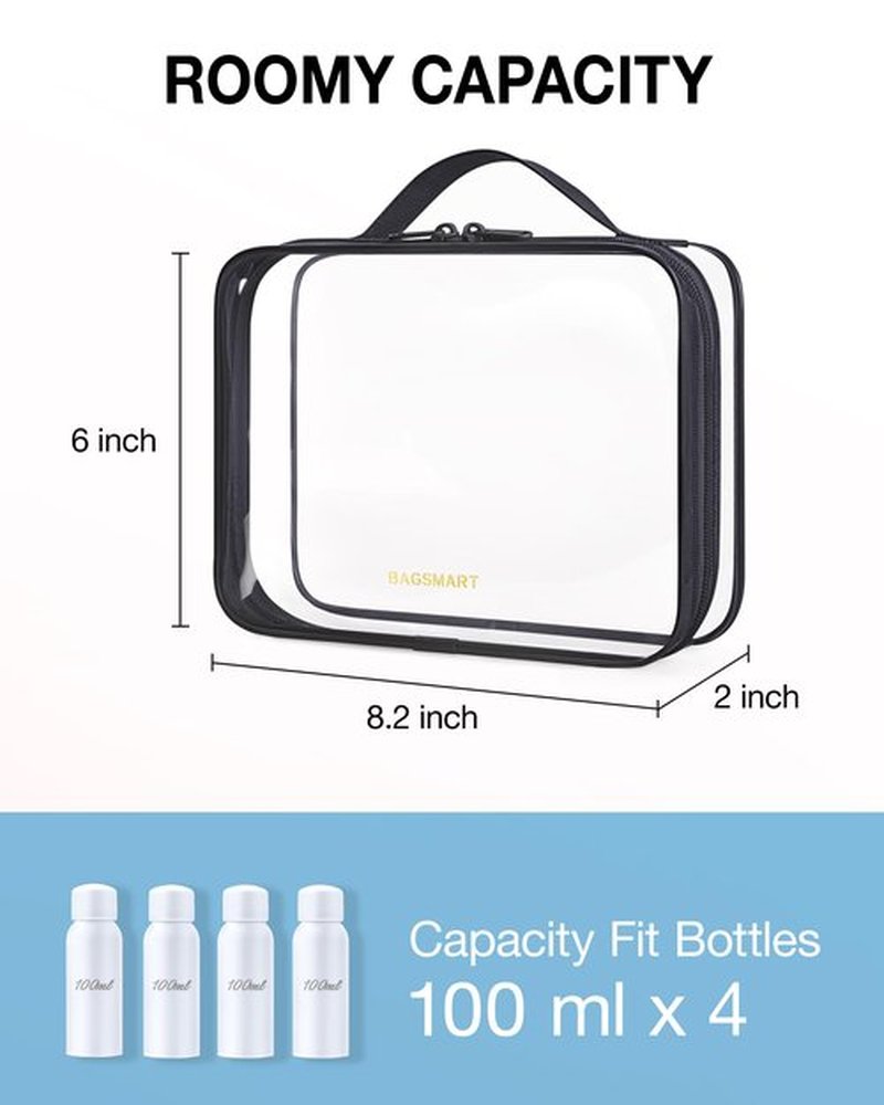 BAGSMART Clear Toiletry Bag, TSA Approved Travel Toiletry Bag Carry On Travel Accessories Bag Airport Airline Quart Size Bags water-resistant Makeup Bag for Women